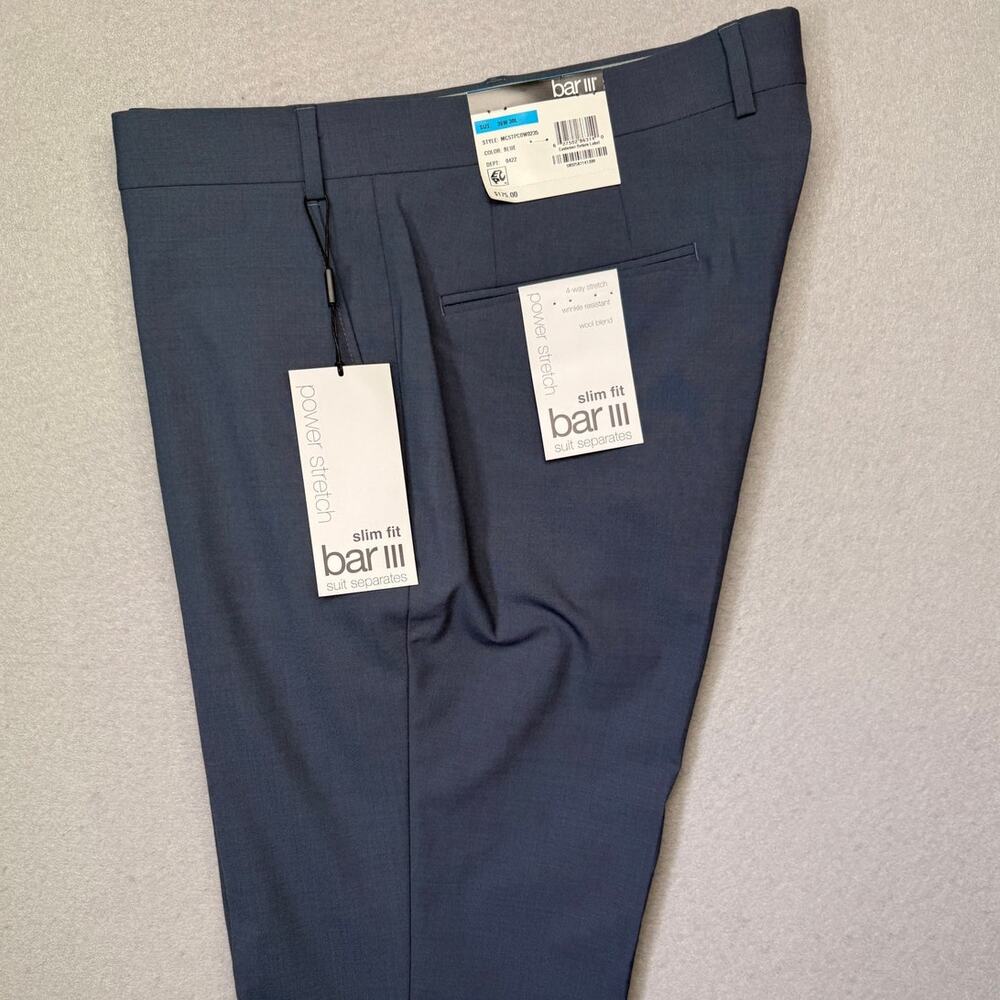 Bar III Men's Slim-Fit Solid Wool-Blend Suit Pants Blue 36x30 $175